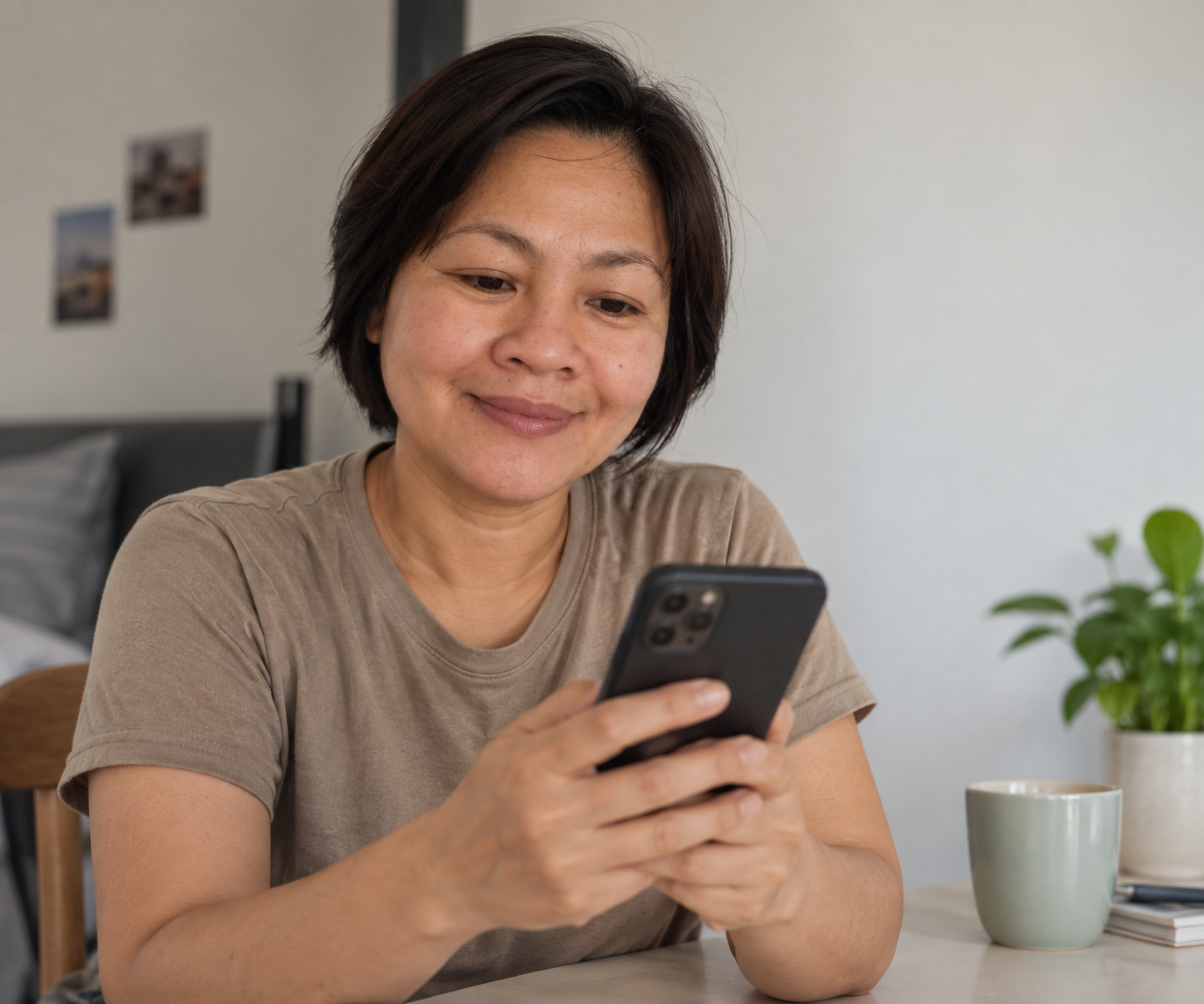 Woman smiling while using the Halan app on her phone at home